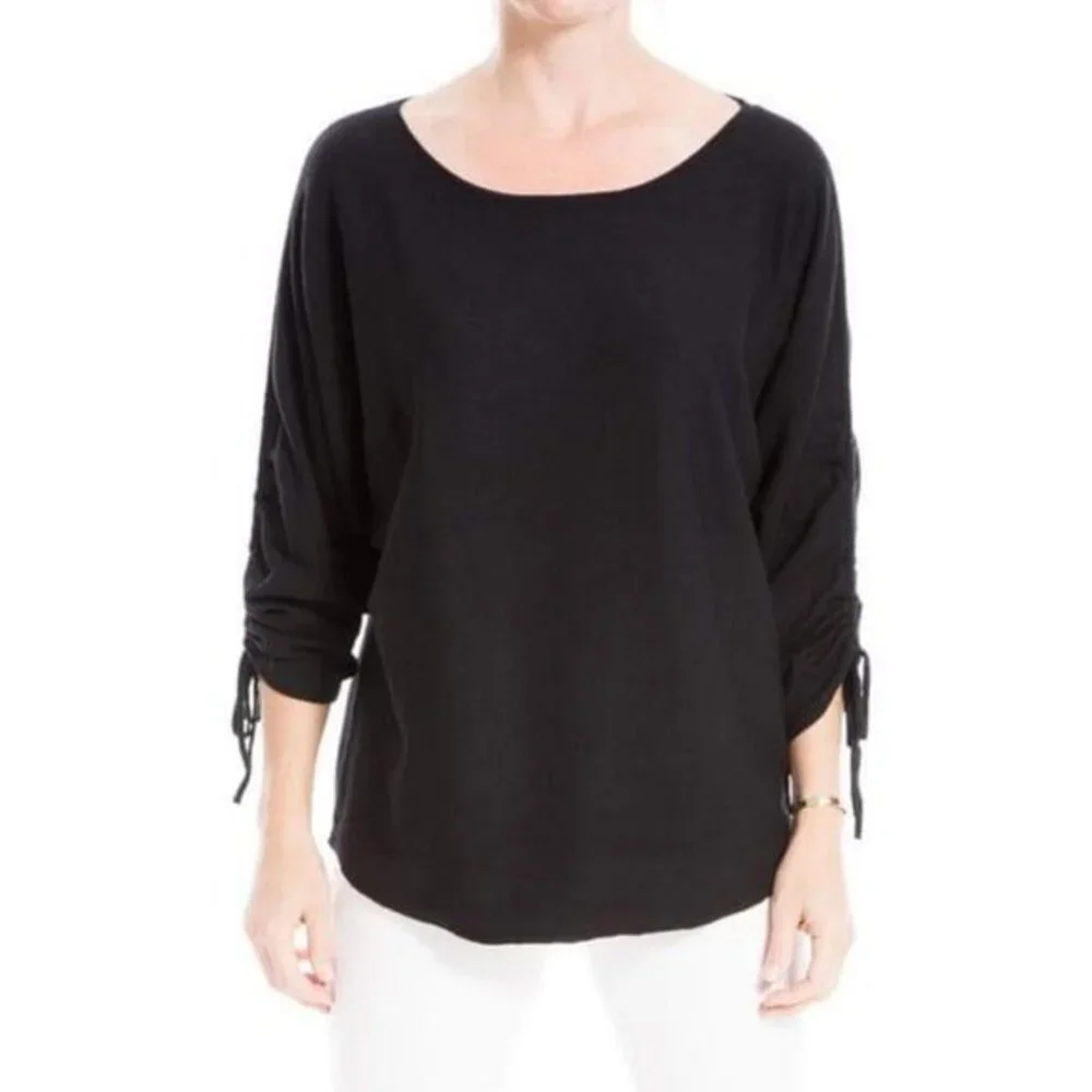 NWT Max Studio Women's Black Ruched Sleeve Scoop Neck Sweater, Medium